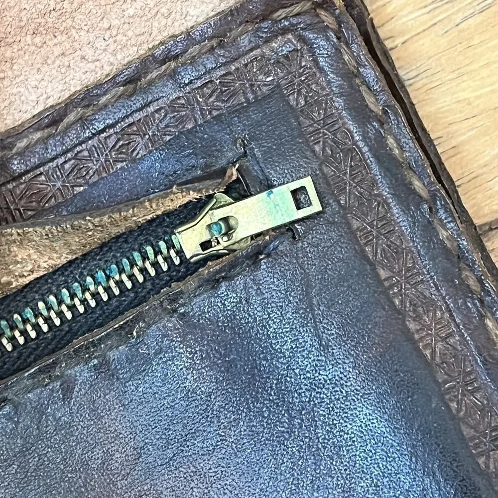Vintage Genuine Leather Wallet Metal Clasp Closure & Hidden Pocket Tooled
